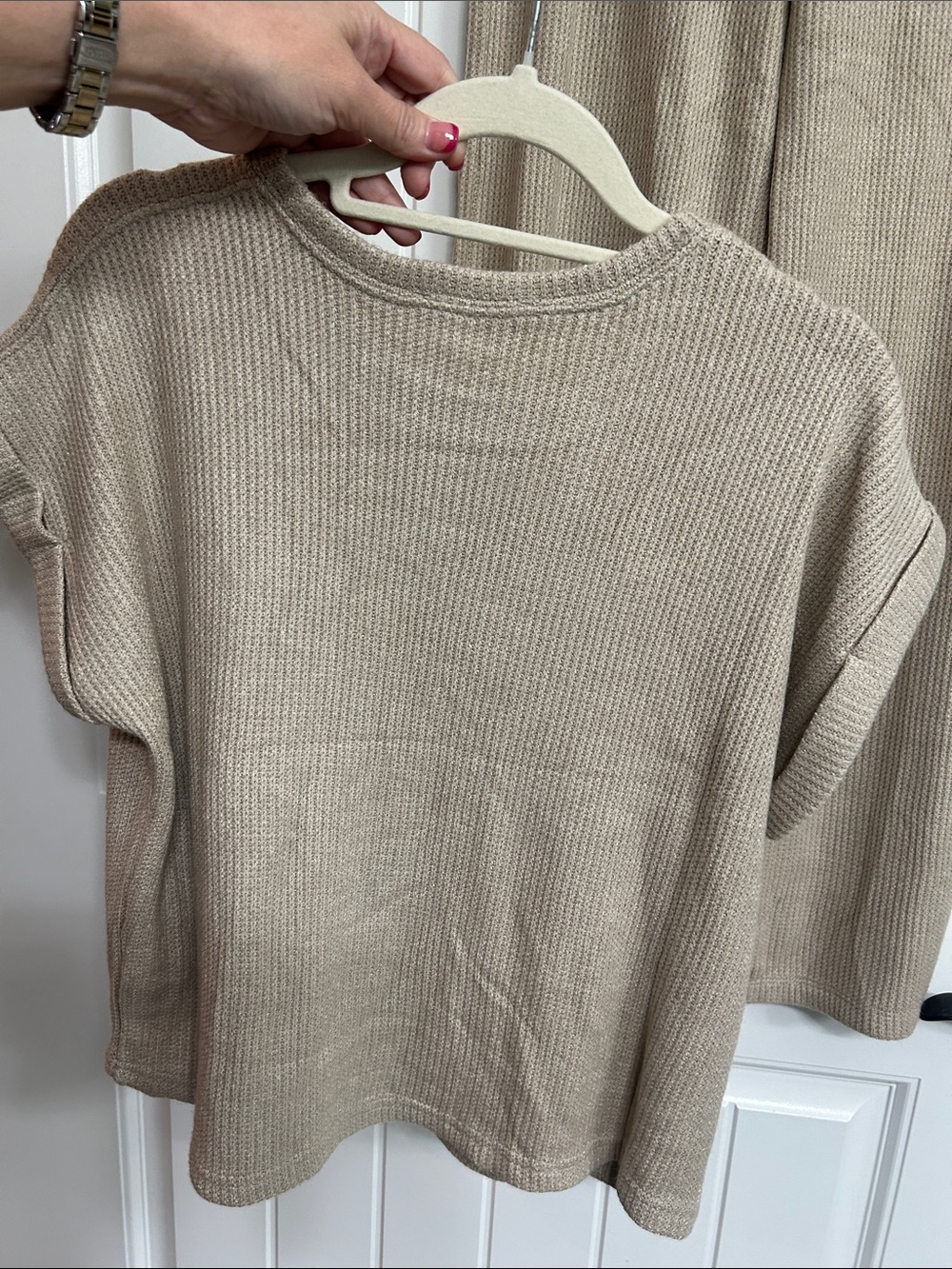 Zenana Waffle Knit Two-Piece Loungewear Set - Taupe/ Size Small - Picture 5 of 10